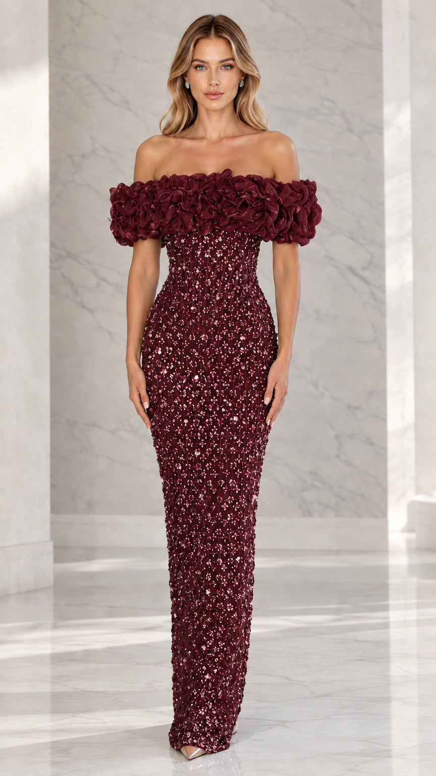 Full front view of burgundy wine off-the-shoulder embellished column evening gown