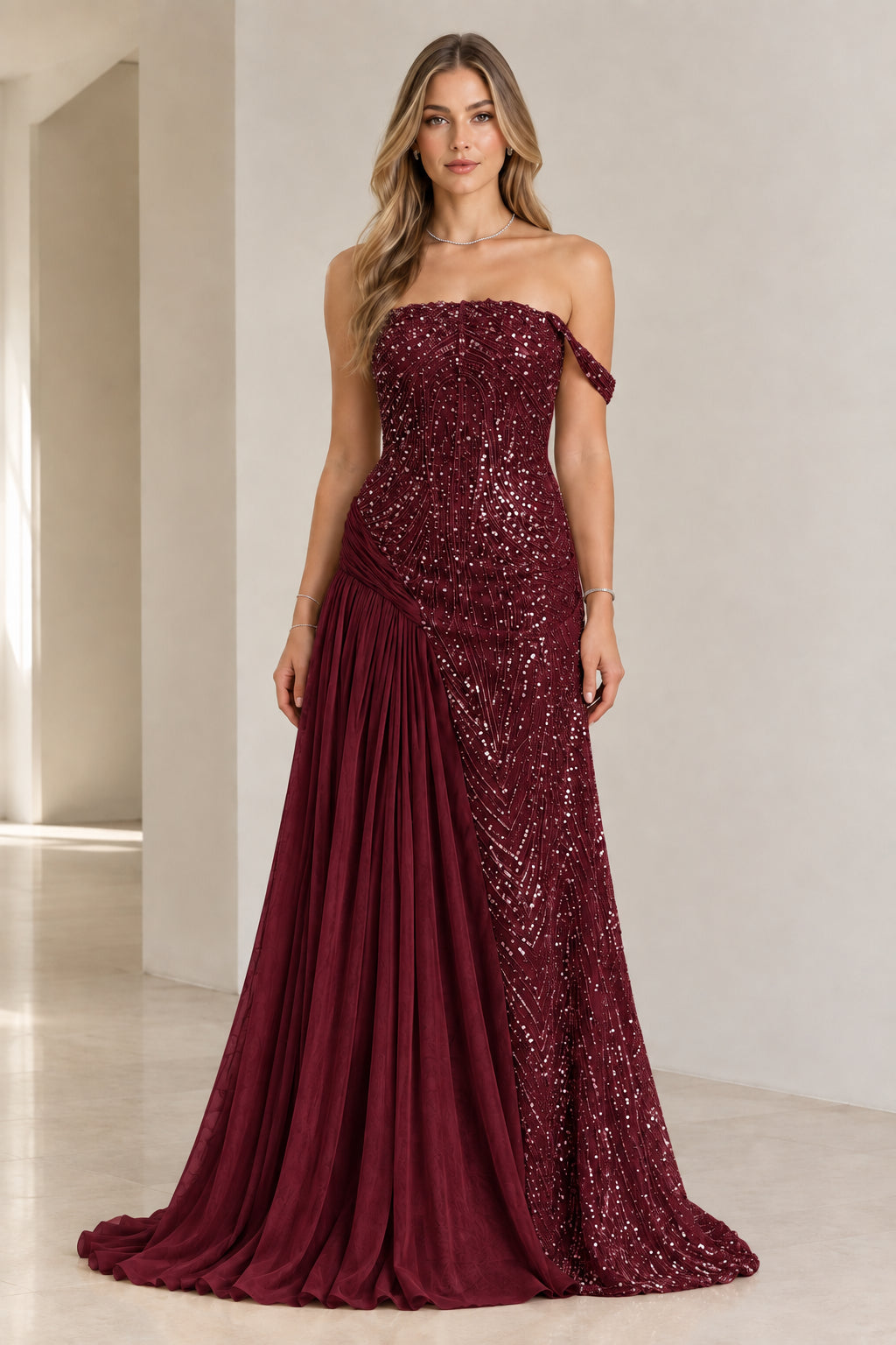Burgundy red off-the-shoulder sequined evening gown with flowing pleated side
