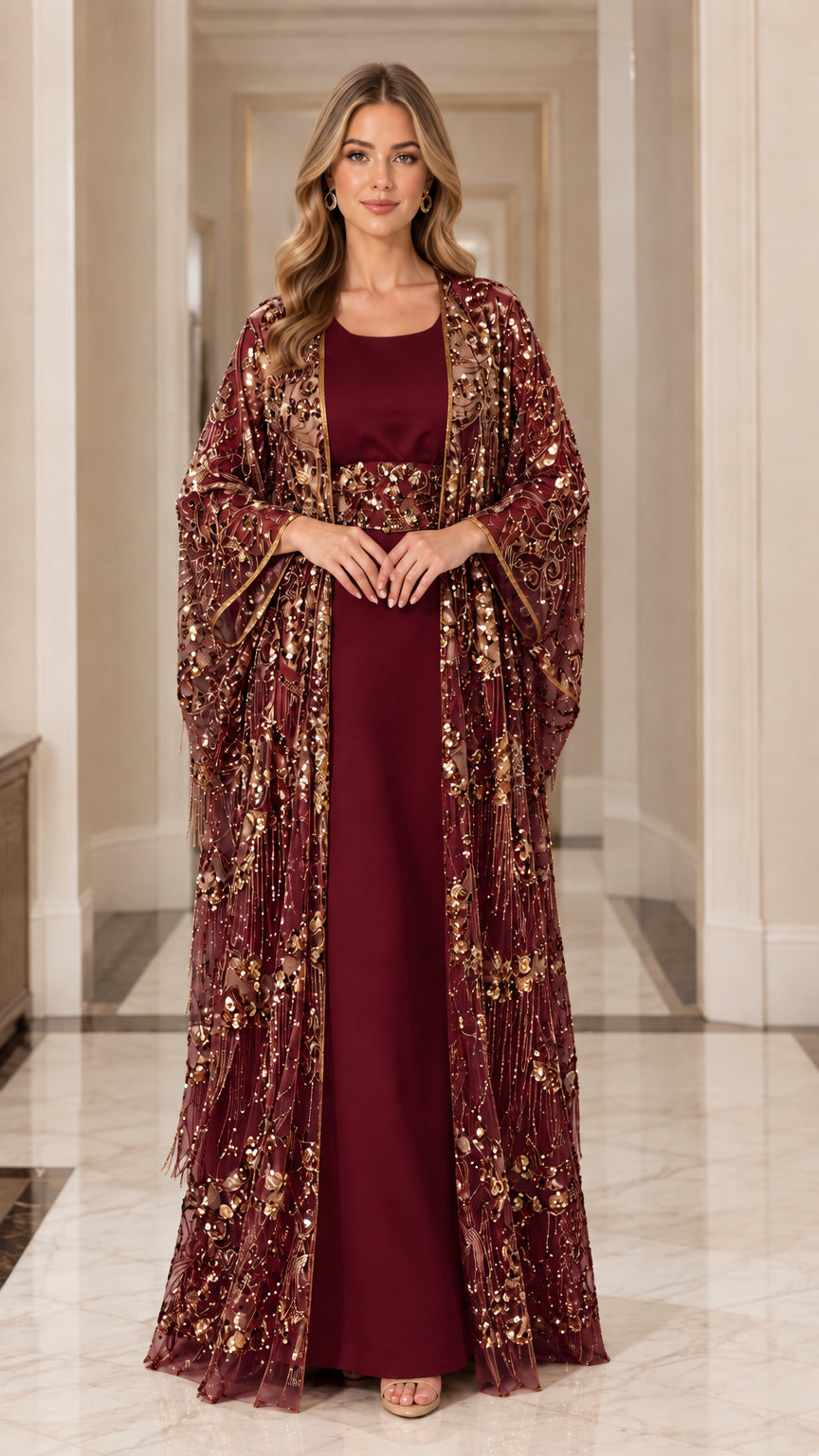 Burgundy wine red sequin cape abaya formal evening maxi gown