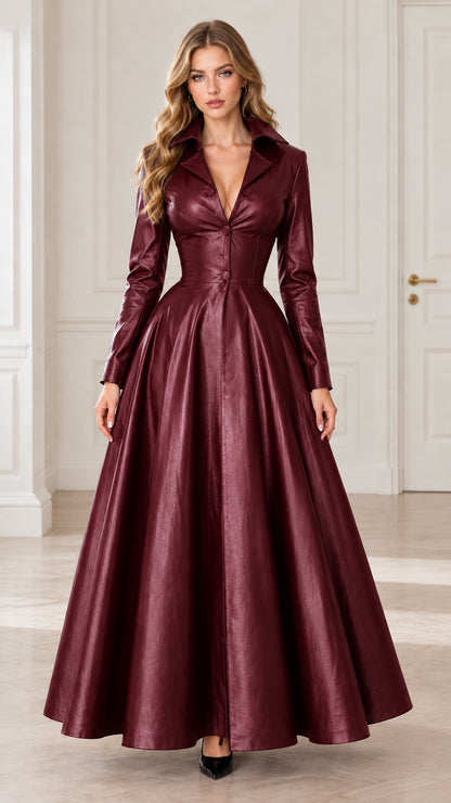 Burgundy wine red faux leather long sleeve maxi dress front view