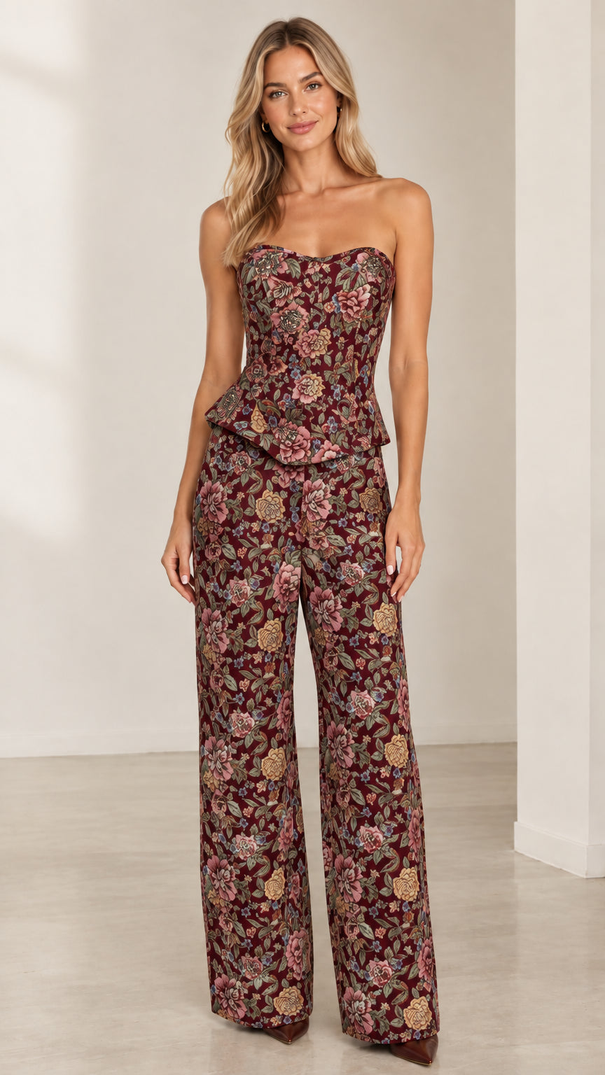 Full front view of model wearing burgundy floral tapestry strapless peplum top and wide-leg pants set