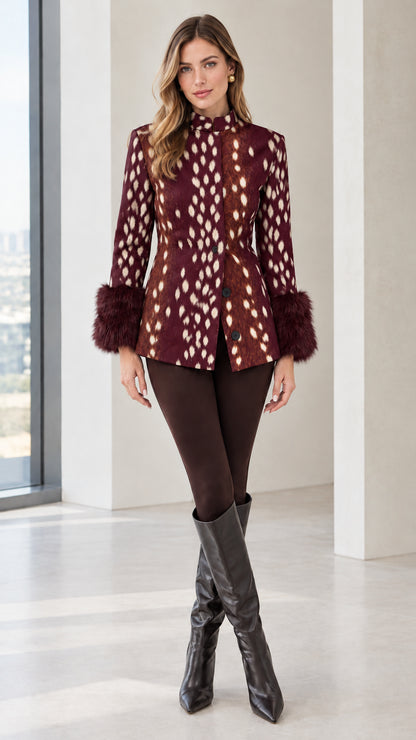 Model wearing burgundy wine spotted print jacket with faux fur cuffs