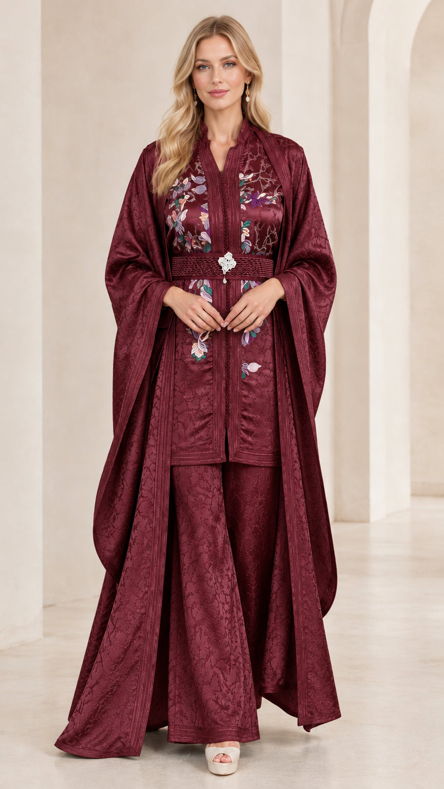 Front view of model wearing Burgundy wine 3-piece embroidered kaftan pant set
