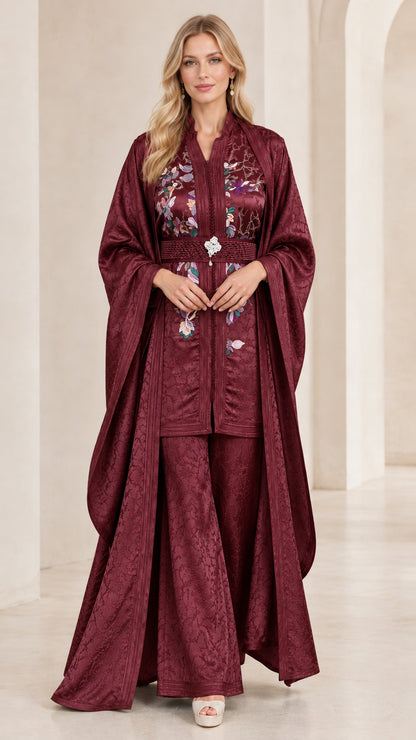 Front view of model wearing Burgundy wine 3-piece embroidered kaftan pant set