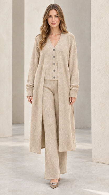 Front full-length view of model wearing beige oatmeal 3-piece knit lounge set