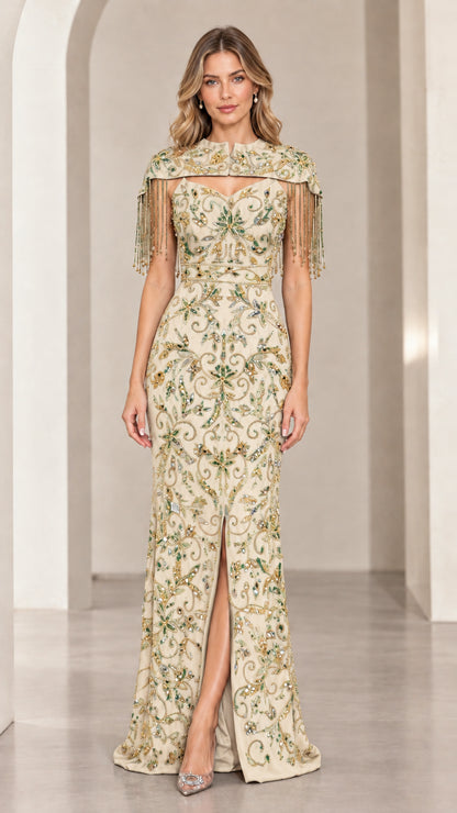 Champagne gold sequin embellished floor-length gown with fringe overlay