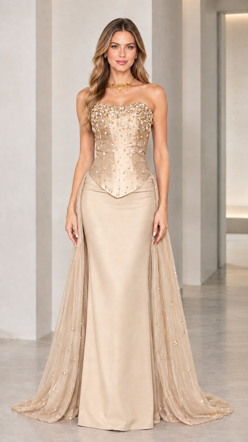 Model wearing champagne gold strapless beaded corset evening gown