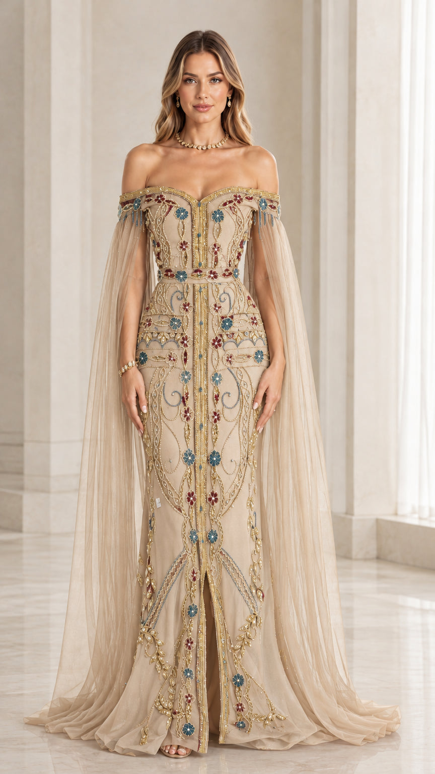Front view of champagne beige embroidered formal evening gown with cape sleeves