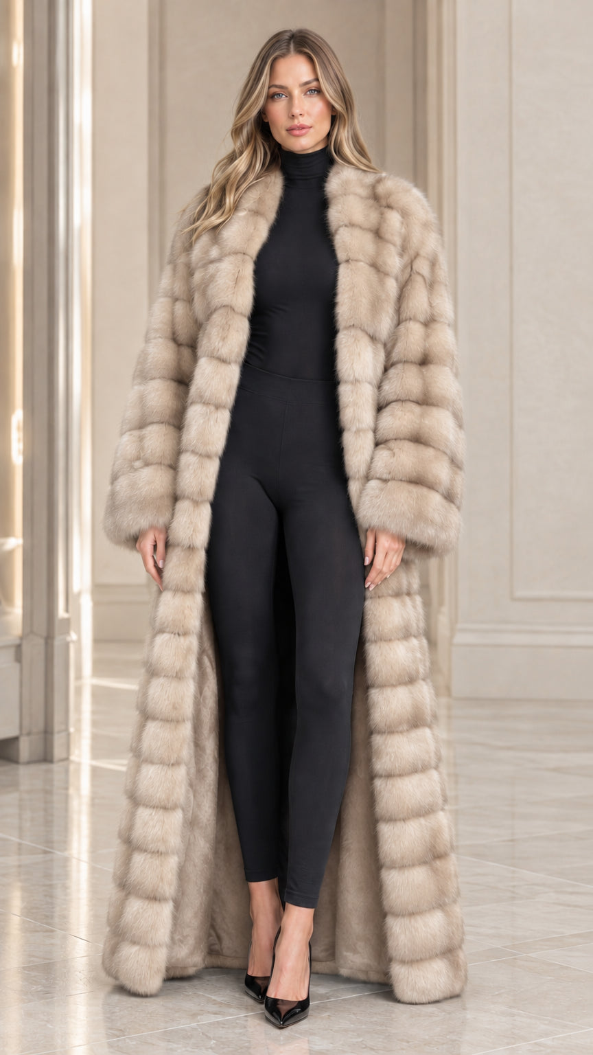 Front view of model wearing champagne beige full-length plush faux fur maxi coat