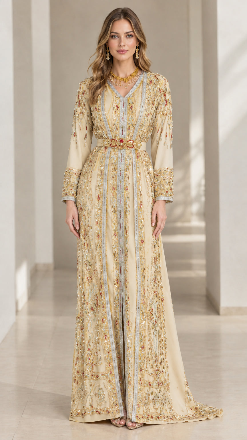 Full-length front view of model wearing Champagne gold embroidered luxury caftan gown