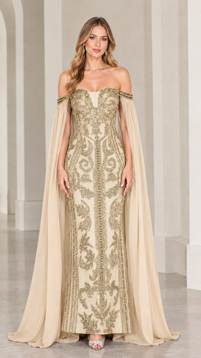 Champagne and gold embellished floor-length gown with dramatic cape sleeves