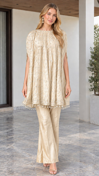 Champagne beige embroidered cape tunic and matching trousers co-ord set