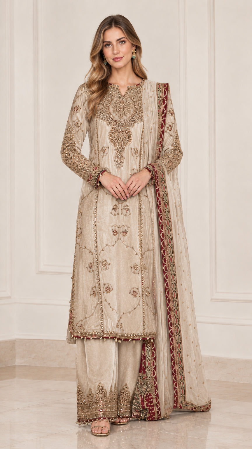 Champagne beige embroidered velvet kurta palazzo set with matching dupatta