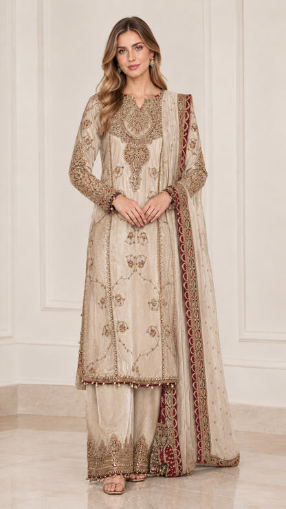 Champagne beige embroidered velvet kurta palazzo set with matching dupatta