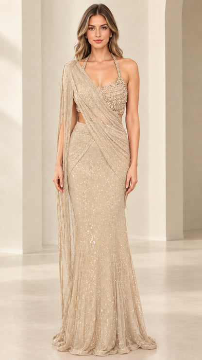Champagne gold beaded halter neck mermaid evening dress
