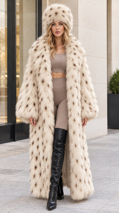 Front view of beige cream spotted faux fur maxi coat with matching plush hat