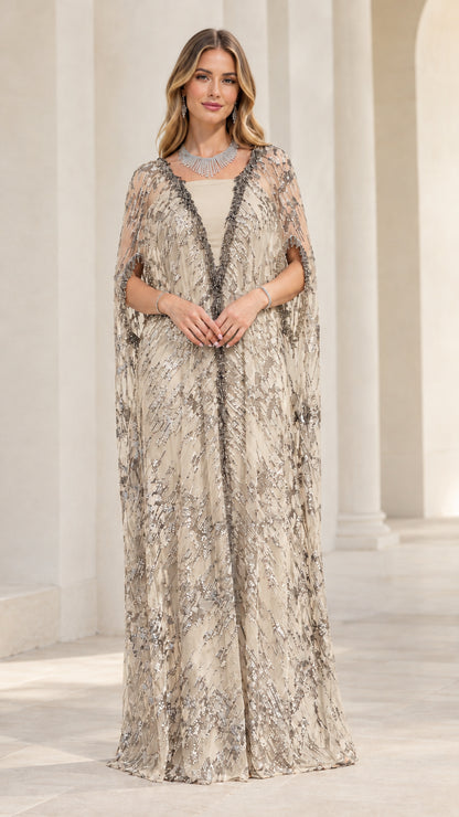 Champagne sequined cape evening gown front view