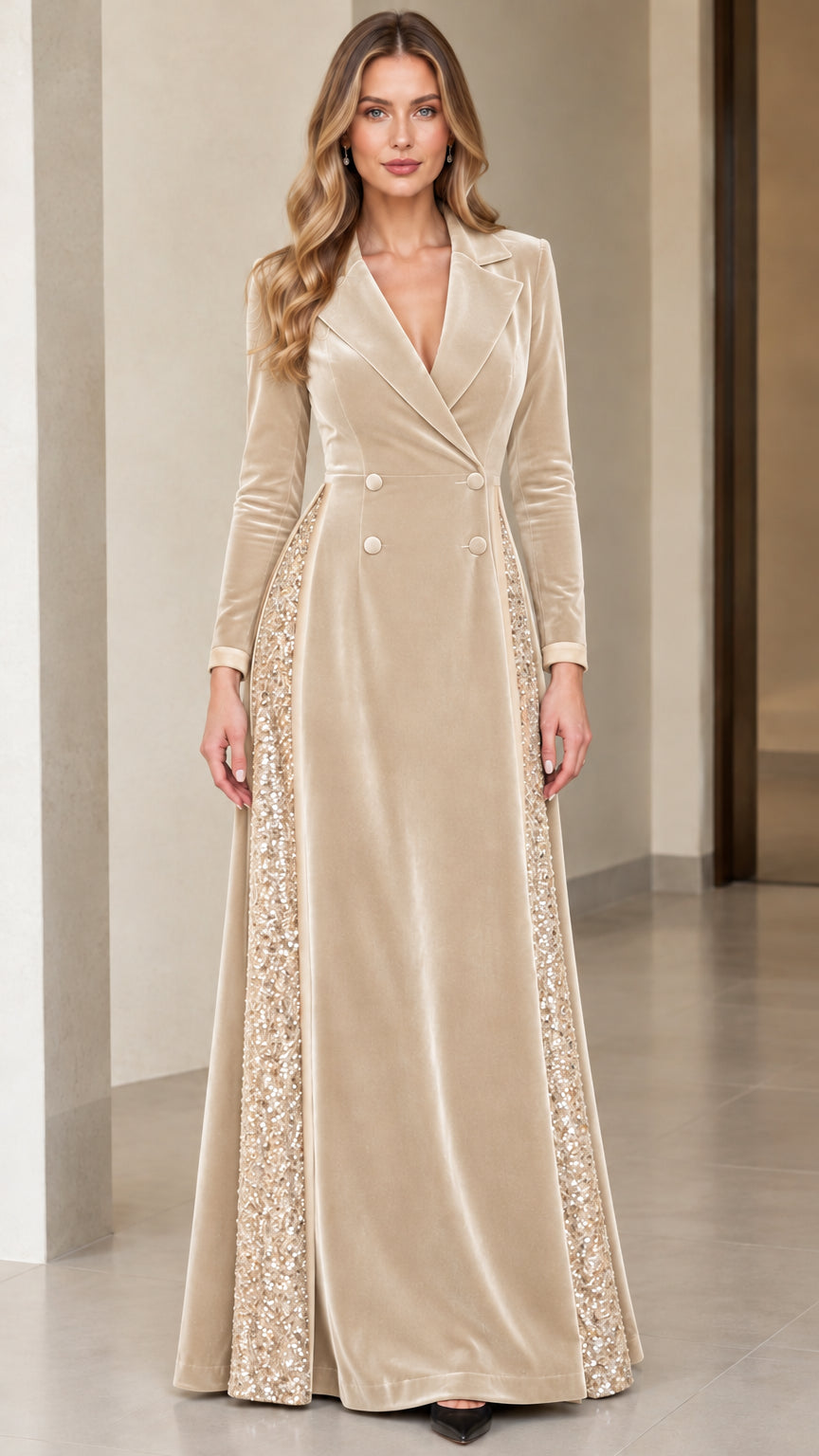 Front view of champagne gold velvet maxi blazer dress with glittering side panels