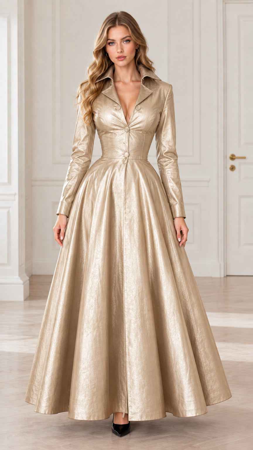Champagne gold metallic faux leather long sleeve maxi dress front view