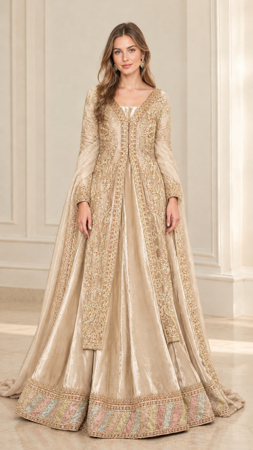 Champagne gold embroidered formal long sleeve maxi gown