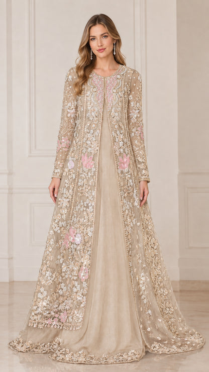 Champagne gold embroidered floral longline jacket evening gown