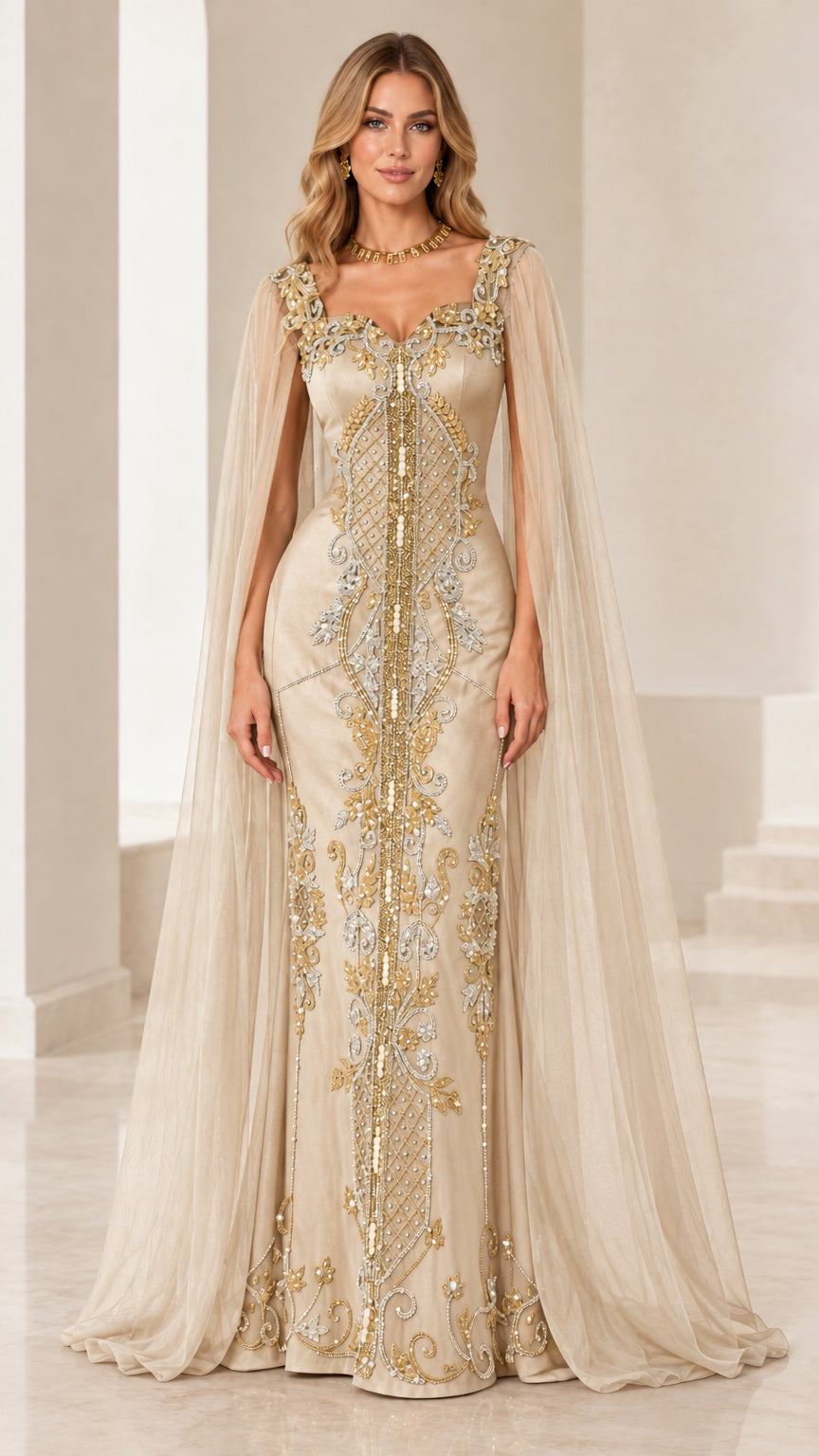 Champagne gold embroidered cape sleeve floor-length evening dress