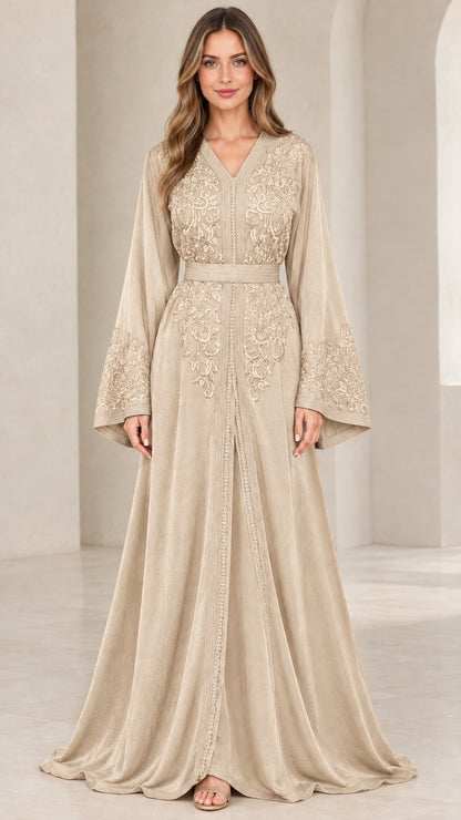Champagne beige embroidered bell sleeve kaftan maxi dress front view
