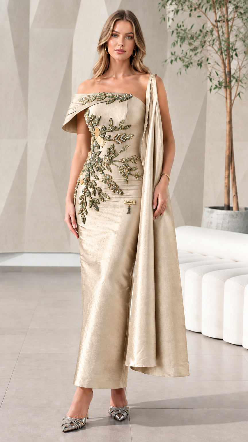 Full front view of Champagne Asymmetrical Beaded Cape Evening Gown