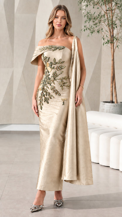 Full front view of Champagne Asymmetrical Beaded Cape Evening Gown