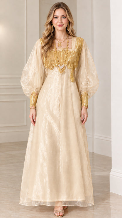 Front view of champagne cream gold embellished lantern sleeve maxi dress