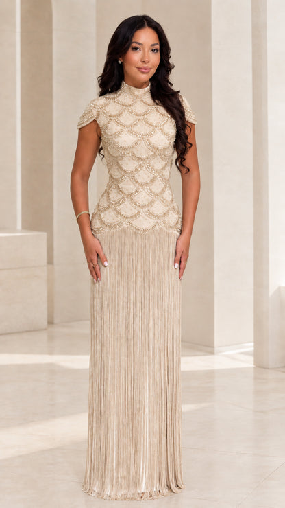 Champagne beige beaded cap sleeve fringe evening dress