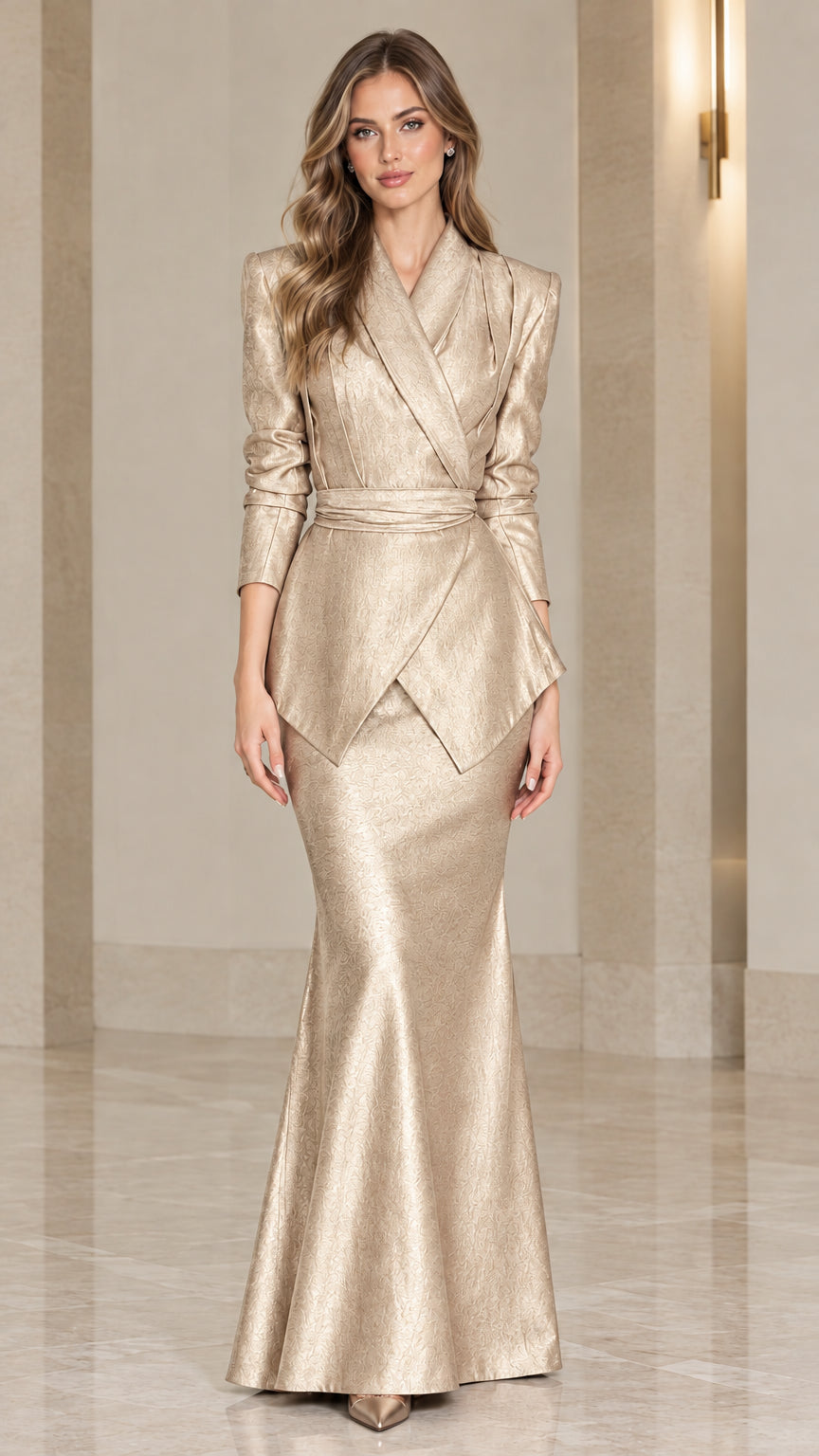 Front view of champagne gold metallic peplum evening gown