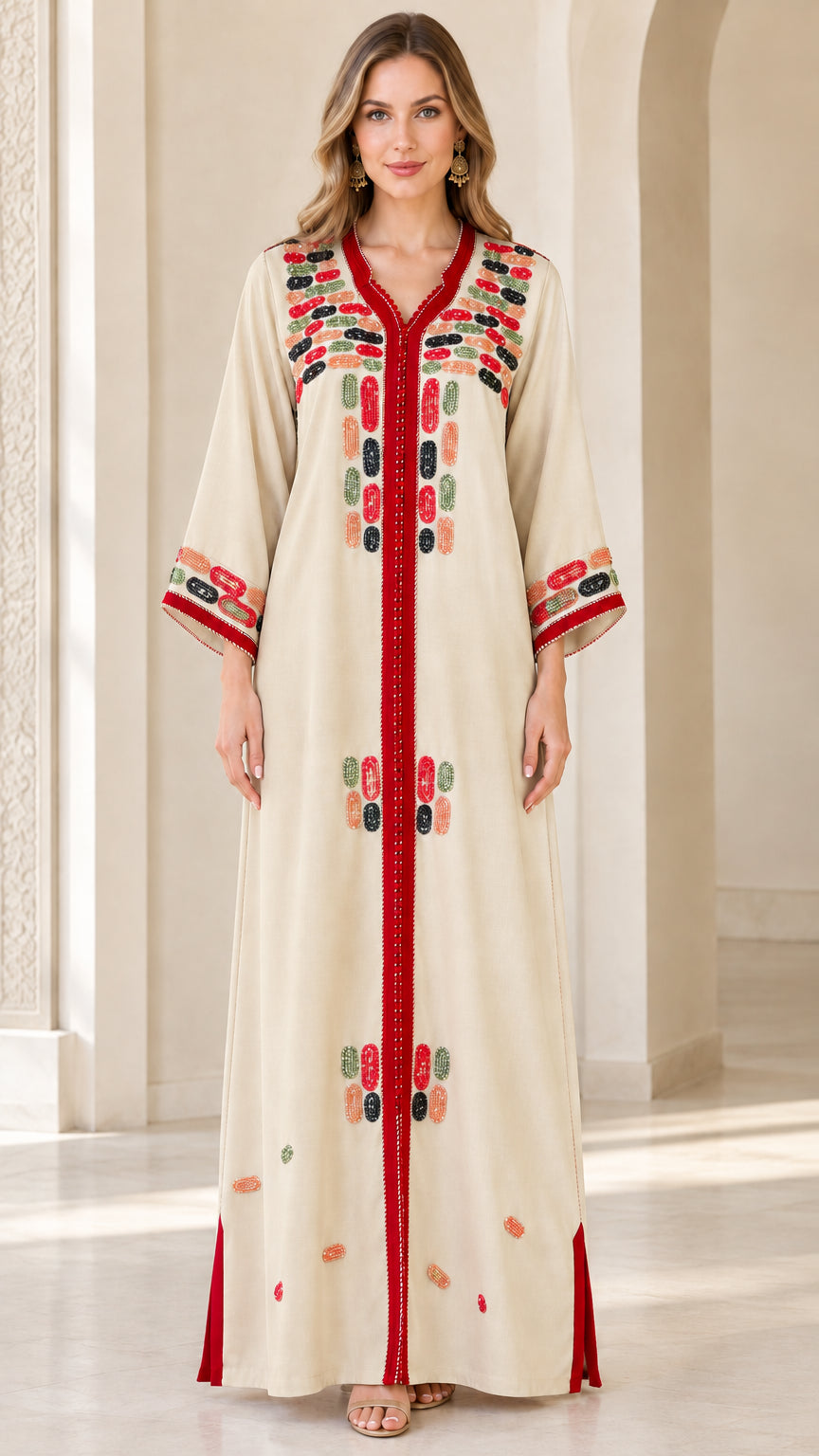Front view of model wearing beige cream embroidered maxi kaftan dress