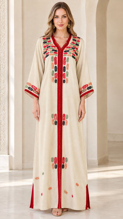Front view of model wearing beige cream embroidered maxi kaftan dress