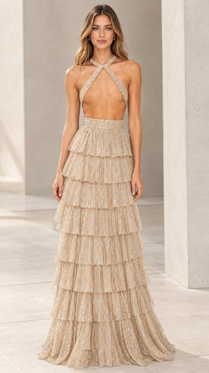 Champagne gold glitter crisscross halter tiered tulle evening maxi dress