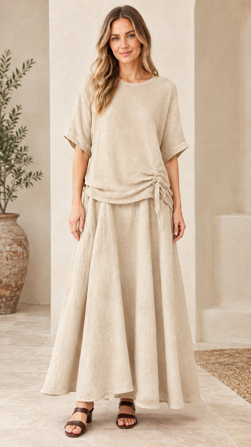 Front view of woman wearing beige oatmeal textured matching top and maxi skirt set