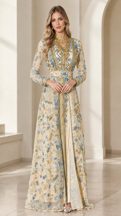 Champagne beige embroidered evening caftan maxi dress with belted waist