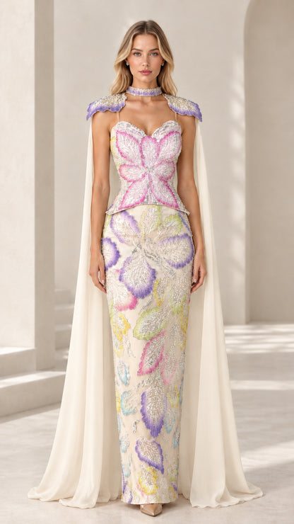 Ivory white embellished evening dress with sweeping ivory chiffon cape