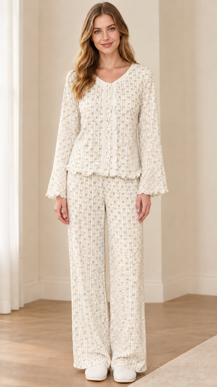 Front view of model wearing Ivory floral lace-trim pajama set