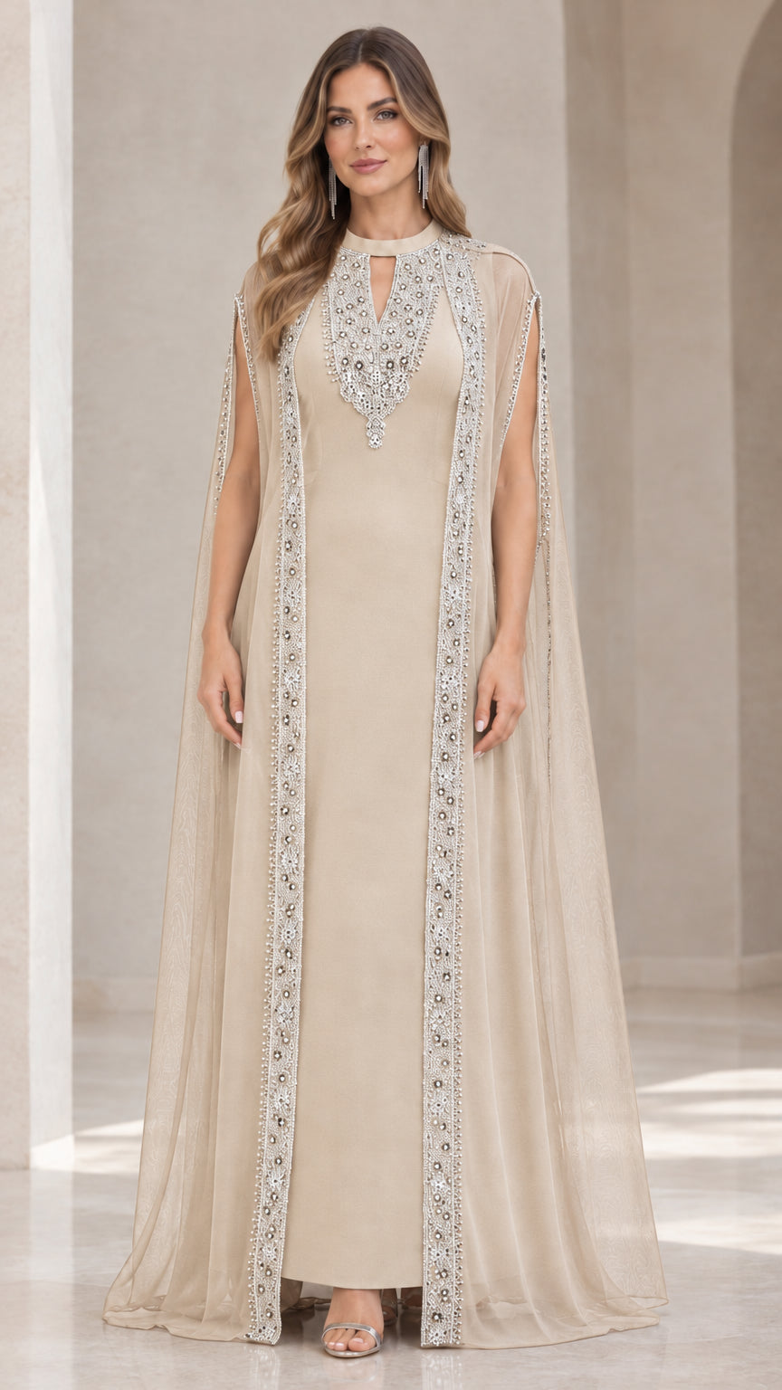 Champagne beige embellished cape evening gown with ornate trim