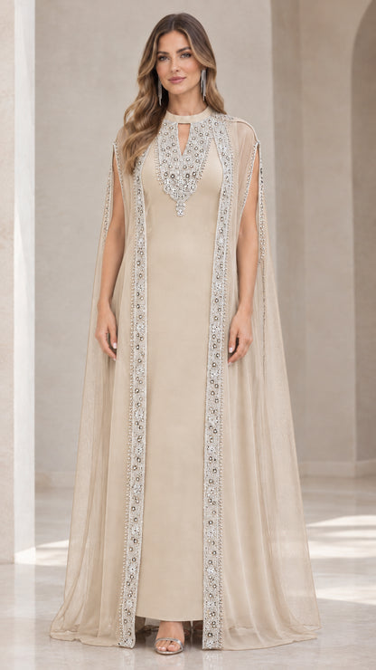 Champagne beige embellished cape evening gown with ornate trim