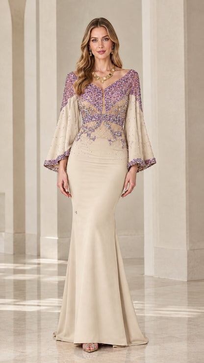 Champagne beige beaded V-neck mermaid evening gown