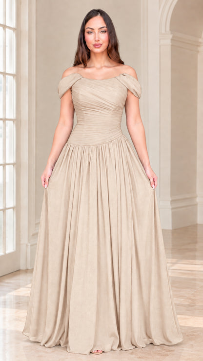 Front view of model wearing champagne neutral off-the-shoulder formal maxi dress