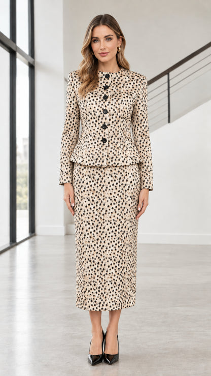 Full front view of model wearing beige cream animal print skirt suit set
