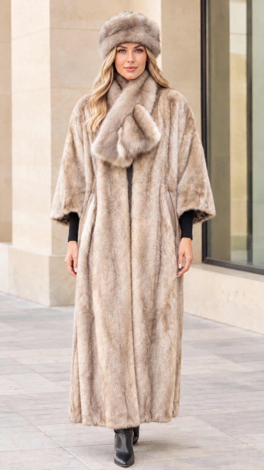 Full-length view of women's maxi faux fur coat in champagne beige