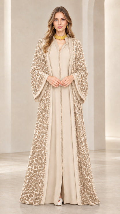 Champagne beige burnout velvet occasion abaya maxi gown