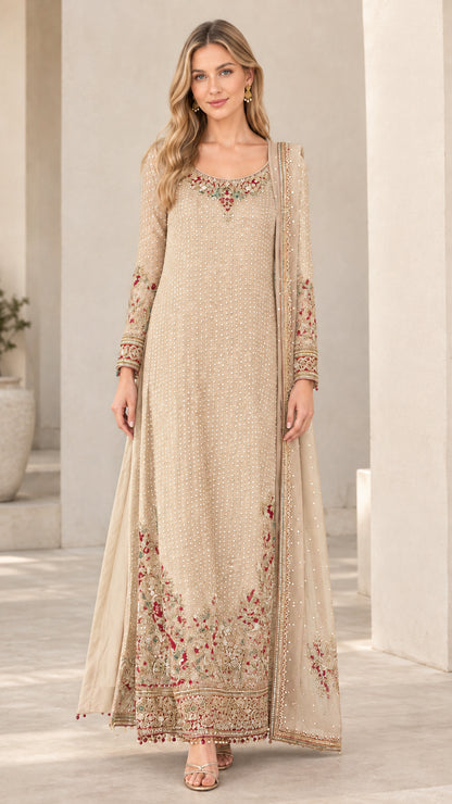 Full front view of champagne beige embroidered evening maxi dress