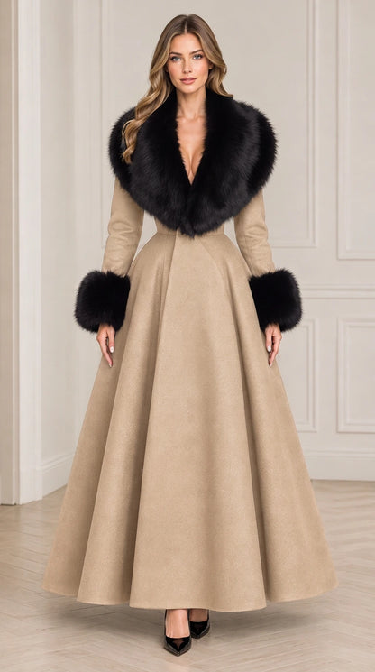 Model wearing beige maxi coat featuring contrasting black faux fur trim